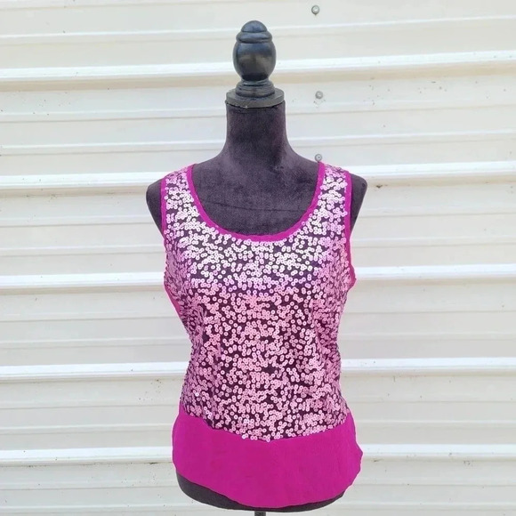 Living Doll Fushia Purple Pink Sequin Sheer Tank Top Zipper Back Soft Shiny sz L - Picture 1 of 10